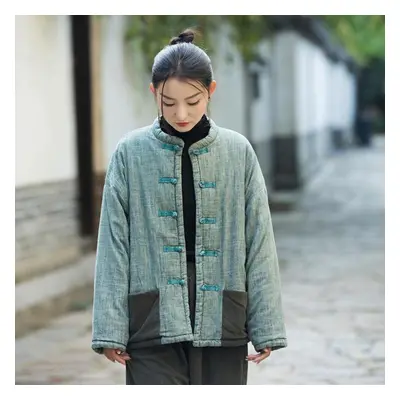 (light green, One Size) Johnature Women Vintage Linen Parkas Stand Long Sleeve Button Winter Coa