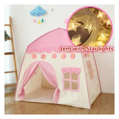 (pink, tent with Star lights) 1.3m Portable Children&apos;s Tent Wigwam Folding Kids Tents Tipi 