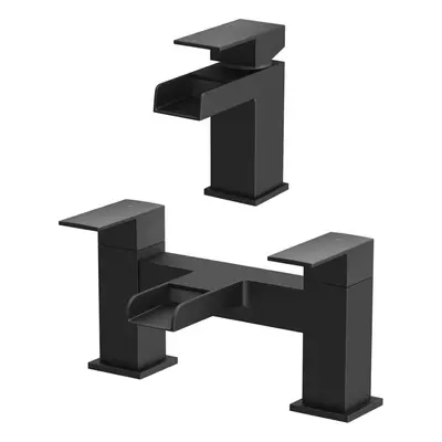 Modern Bathroom Black Waterfall Basin Bath Mixer Tap Set Square Hot and Cold