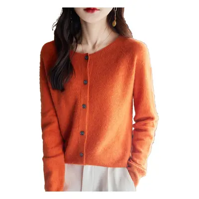 (X-Large, Pumpkin) Cashmere Cardigan Sweaters for Women, 100% Cashmere Crew Neck Long Sleeve Sof