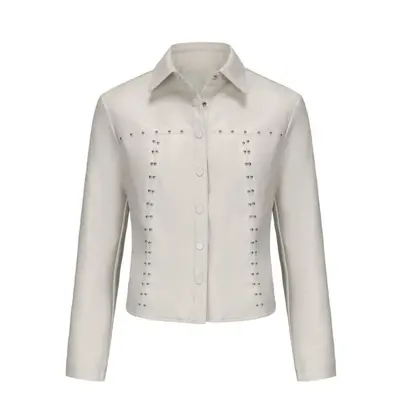 (off-white, M) Women's Rivet Jackets Faux Leather Lapel Button Up Long Sleeves Jacket Punk Rock 