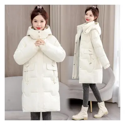 (beige, L) Autumn Winter Thick Warm Medium Long Coat Women Slim Solid Color Hooded Jacket Parkas