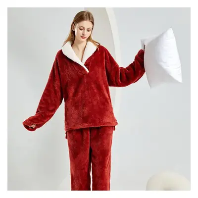 (red, XXL) Winter Warm Flannel Women Pyjamas Sets Thicken Coral Velvet Homewear Long Sleeve Slee