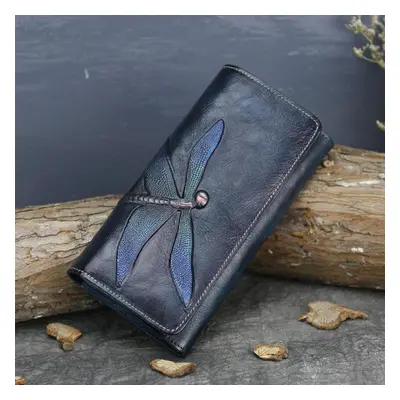 (blue) Johnature Cowhide Wallet Genuine Leather Long Women Purse Handmade Prints Butterfly-knot 