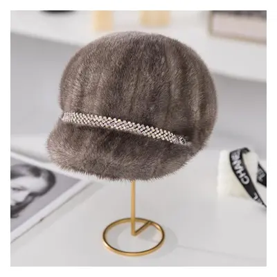 (gray, head 55-59cm) Mink Hat Female Winter Mink Fur Beret Cap Fashion Fur Mink Warm Hat