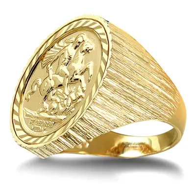 (X) Jewelco London Men's Solid 9ct Gold Ribbed Barked St George & Dragon Medallion Ring (Full So