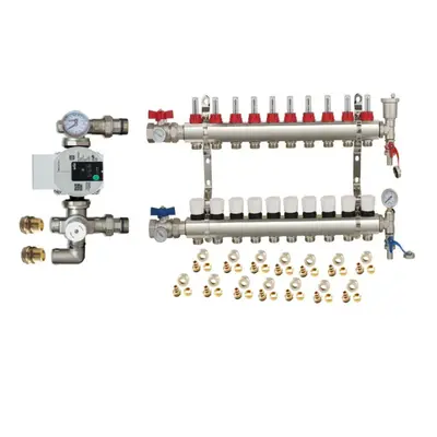 (10 PORT) Water Underfloor Heating Kit - Ports Manifold with Pump and Blending Valve Set