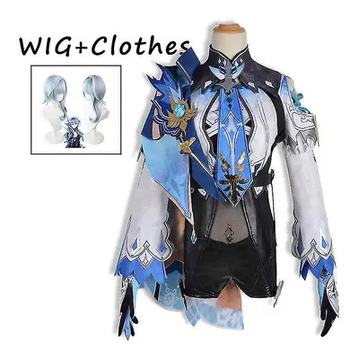 (Clothes Wig, XS) Eula Lawrence Cosplay Genshin Impact Costume Wig Uniform Wave Flower Knight Fu