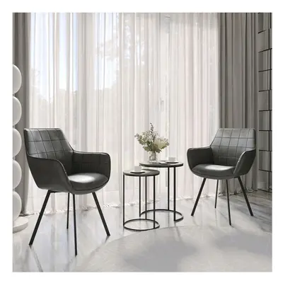 (2, Dark Grey) Tuscany Faux Leather Tub Dining Chairs Grid Stitching with Metal Legs Living Room