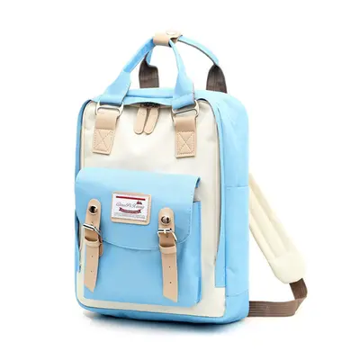 (Blue+White) USB Backpack Student School Bag Waterproof Shoulder Bag Camping Travel