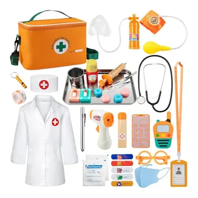 EFO SHM Doctors Set for Kids, Wooden 34-piece Kids Doctors Kit, with Real Stethoscope Portable D