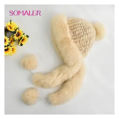 (yellow) Somaler Knit Real Mink Fur Hats For Winter Women Weave Fur Cap With Fox Fur Pompom Fox 