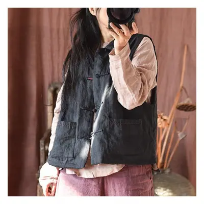 (black, One Size) Johnature Women Vintage Linen Vests Button Sleeveless Pockets Solid Color Coat