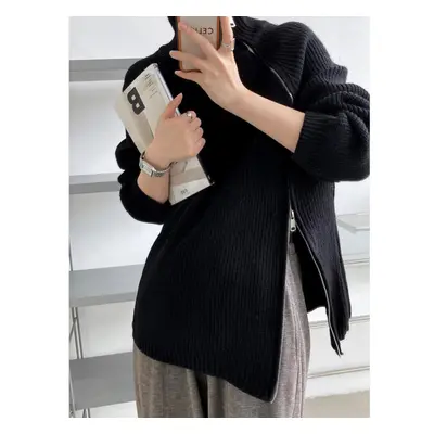 (black, One Size) Women&apos;s Turtleneck Zipper Design Oversized Sweater Gray White Black High 