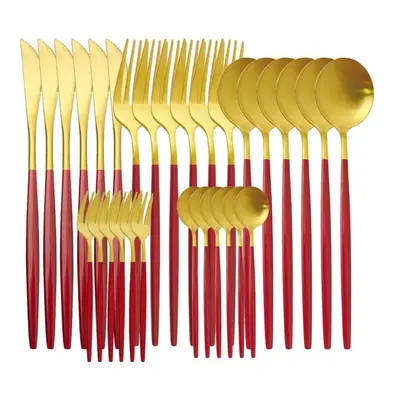 (red,gold) 30pcs Matte Green Gold Cutlery Set Flatware Stainless Steel Dinnerware Kitchen Silver