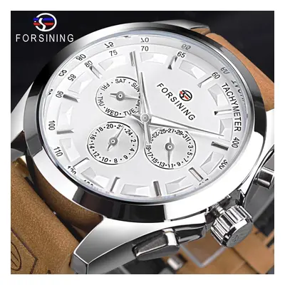 (brown) Forsining Retro Fashion Designer Three Dial Decoration Genuine Leather Golden Men Luxury