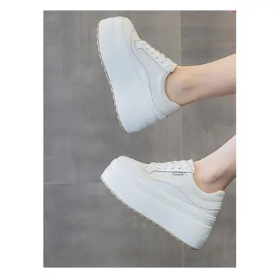 (white, 38) Fujin 8cm New Canvas Genuine Leather Women Fashion Sneakers Platform Shoes Wedge Hid