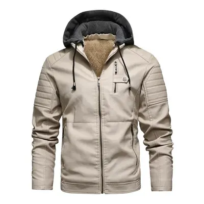 (white, XXXL) Winter Men &apos;s Fleece Hooded Leather Jacket Men &apos;s Casual Stand Collar Me