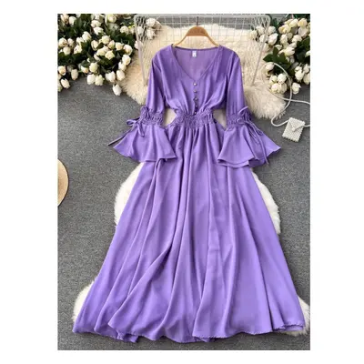 (purple, One Size) Spring Autumn New Fahison Candy Color Long Dress Women Elegant V-neck Flare S