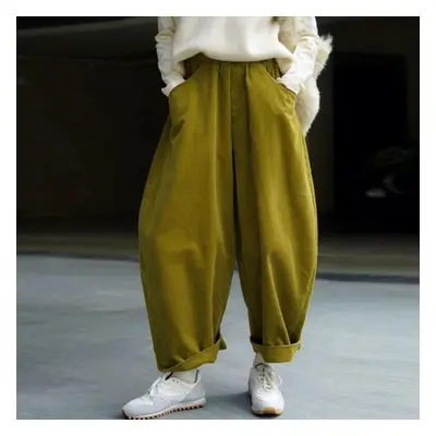 (dark yellow, M) Johnature Winter Japanese Casual Corduroy Elastic Waist Ankle-length Pants Soli