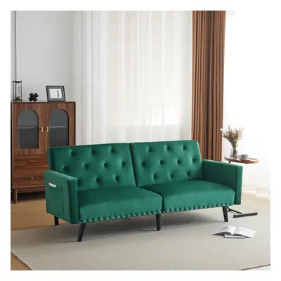 (Green with Removable Armrests) Adjustable Velvet 3-Seater Sofa Bed with Pockets