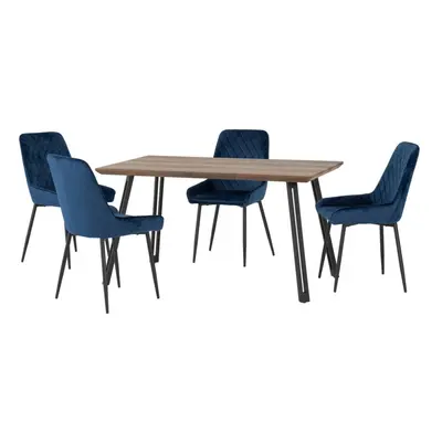 Quebec Straight Edge Dining Set Medium Oak Effect with Blue Velvet Chairs