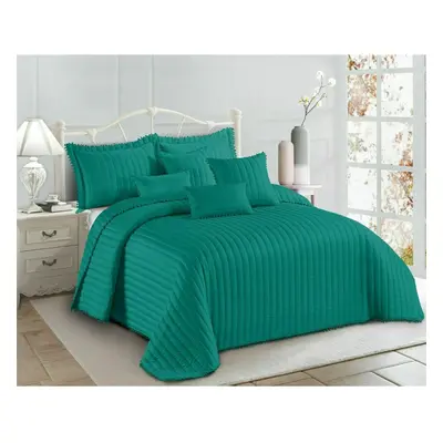 (Teal, King ) Bedspread Quilted Bed Throw Pom Pom Bedding Pillow Shams Single Double King Size