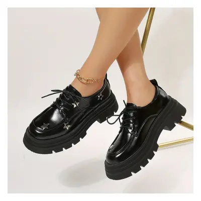 Womens Star Pattern Platform Loafers Fashionable Round Toe Lace Up Shoes Versatile Faux Leather 