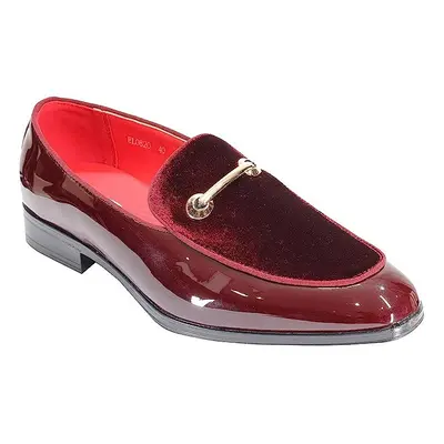 (44, Wine) Men's Patent Leather & Velvet Upper Party Loafer Gold Buckle Dress Wedding Shoes