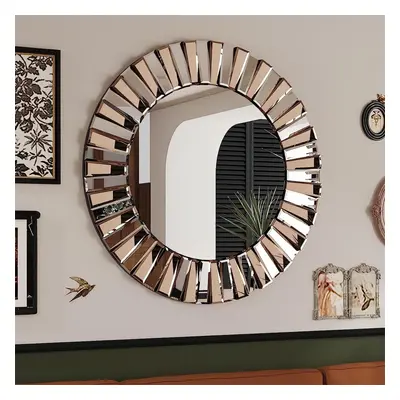 (L (Dia:800mm)) Decorative Silver Glass Vanity Round Wall Mirror with Crystal Edge