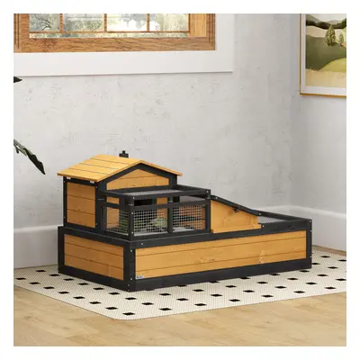 PawHut Wooden Tortoise House Indoor Outdoor w/ Balcony, Tray, Openable Roof