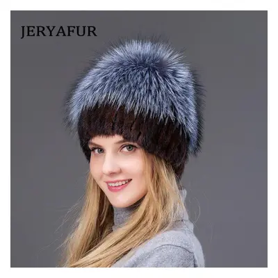 (brown,blue) Jeryafur Warm Real Natural Mink Fur Hat Female Mix Color Sliver Fox Fur Women Winte