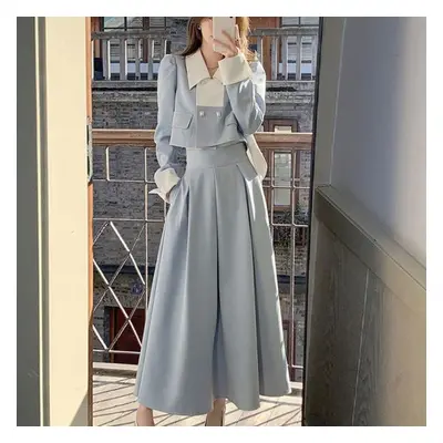 (blue, M) Elegant Women Spring Korean Fashion Blazer Suits Vintage Long Sleeve Blazers+hight Wai