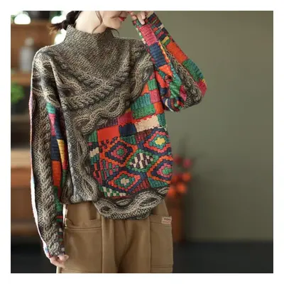 (as the picture, One Size) Johnature Women Pullover Print Floral Sweaters Long Sleeve Autumn Kni