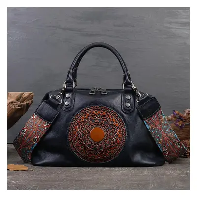 (dark grey) Johnature Handmade Retro Totem Women Handbag Genuine Leather Versatile Casual Tote R