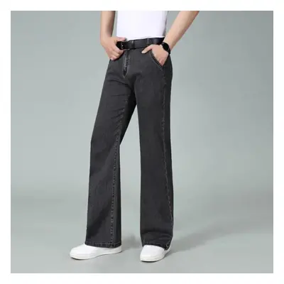 (gray, 35) Men&apos;s Mid-rise Elastic Loose Jeans Men&apos;s Casual Large Straight Trousers