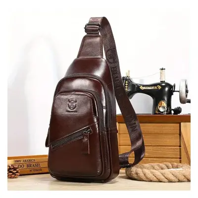 (coffee) Bullcaptain Men&apos;s Leather Chest Bag Large-capacity Multi-functional Usb Charging S