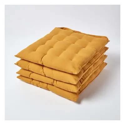 (Set of 4, Mustard Yellow) Plain Seat Pad with Button Straps 100% Cotton