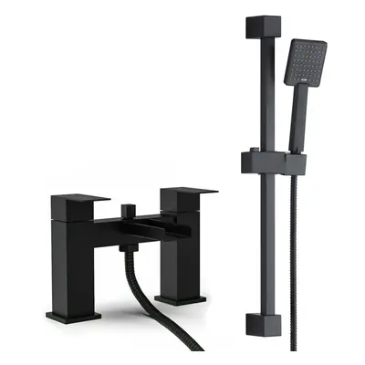 Matt Black Waterfall Bath Shower Mixer & Square Shower Slide Rail Kit