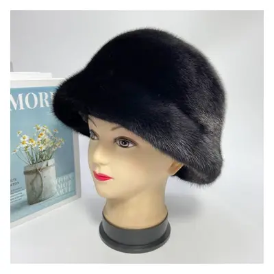 (black, head size 55-62cm) Women&apos;s Winter Hat Luxury Mink Cap Solid Fashion Bucket Domo Hat