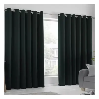 (BLACK, x 90) Blackout Curtain Pair Eyelet Ring Top Ready Made