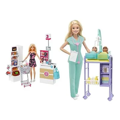 Barbie Doll, Blonde, and Grocery Store with Rolling Cart and Working Belt, Years+, FRP01 & ?Baby