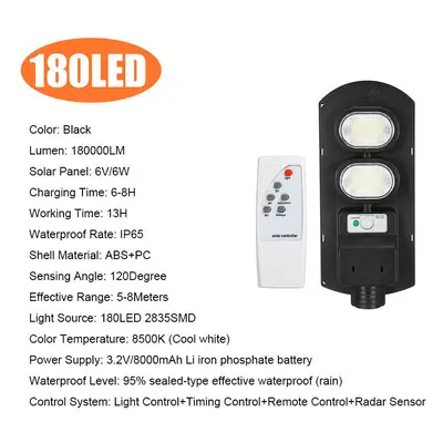 (180LED) 90/180/270/360/450LED Solar Street Light IP65 PIR Motion Sensor Wall Lamp+Timing Functi