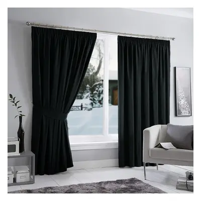 (Black, 90" x 90") Insulated Plain Curtains Heavy Thermal Blackout Pencil Pleat Curtain Pair Fre