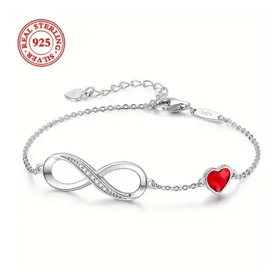 (Red Rinestone) Sterling Silver Infinity Bracelet With Zircon Accents, Elegant Heart Charm, Fash