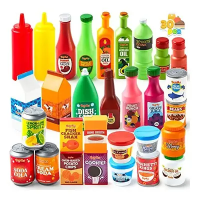 JOYIN 30Pcs Play Food Grocery Cans, Pretend Play Kitchen Accessories, Includes Drink, Juice, Jar