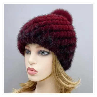 (wine, One Size) Natural Mink Fur Hats Women Knitted Beanies Woolen Lining Fox Fur Pompom Warm F