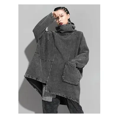 (black, One Size) Loose Fit Black Denim Big Size Sweatshirt High Collar Long Sleeve Women Big Si