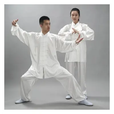 (white, XS) 2pcs/set Unisex Button Placket Shirt Loose Solid Color Chinese Traditional Tai Chi S