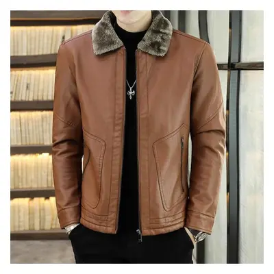 (khaki, 4XL) Men Winter New Leather Jackets Autumn Winter Fur Coat With Fleece Male Warm Fur Pu 